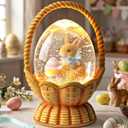 Easter Snow Globe Basket Easter Bunny Eggs Decorations Gifts Auto Snowfall Glitter Music Collection with 6H Timer USB/Battery Powered 6.4 Inch