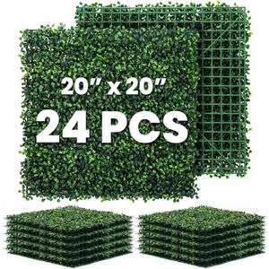 Grass Wall Panel 24 Pack 20"x20" Artificial Boxwood Hedge Plant Wall, Greenery Walls, Artificial Grass Backdrop, Privacy Hedge Screen Faux Boxwood for Outdoor,Indoor,Garden,Fence,Backyard
