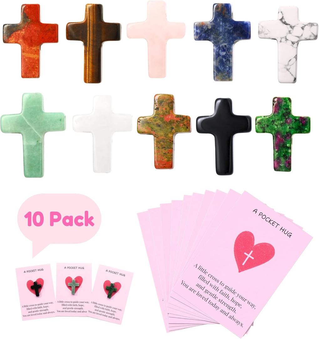 QianCannaor 10Pcs Cross Pocket Hug Cards with Natural Crystals  Faith-Based Valentine Bulk Gifts for Adults, Friends, Teachers & Loved Ones  Emotional & Inspirational Support, Encouragement, Valentines, Office & Holiday Gift (Cross 10Pcs)