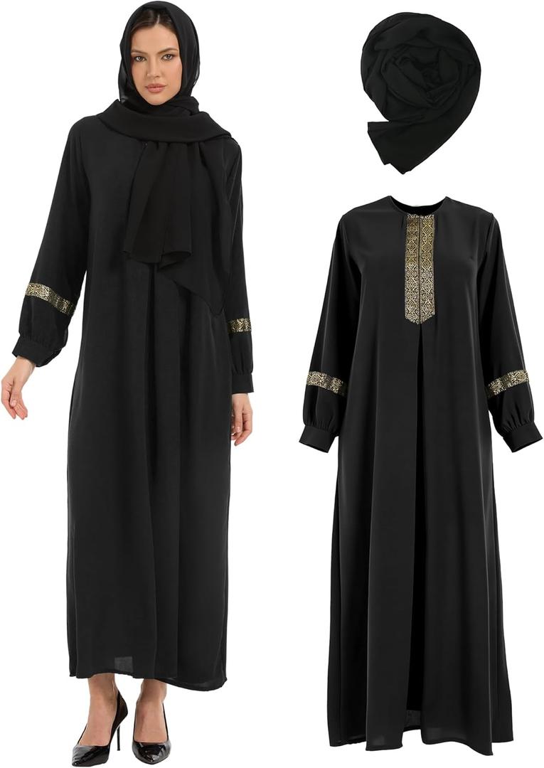 Muslim Abaya Dress For Women with Hijabs Long Sleeve Floral Print Islamic Dubai Long Maxi Dresses (Small, Black)