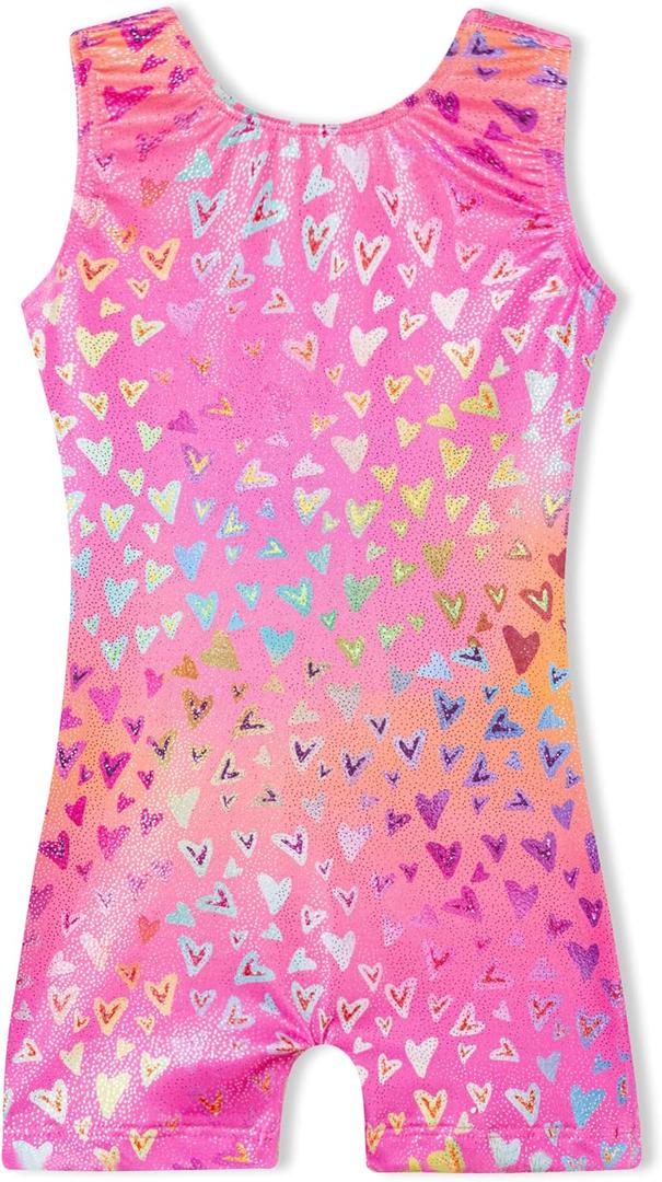 Domusgo Gymnastics Leotards for Girls Sparkly One-Piece Pro Kids Unitard Biketards with Shorts (9-10 Years, Nenon Love Heart Biketard)