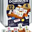 Queensell Mexican Train Dominoes Set with Numbers and 4 Holders - Wooden Hub and Domino Holders - Double 12 with Numbers (D12 Numbers + 4 Holders)