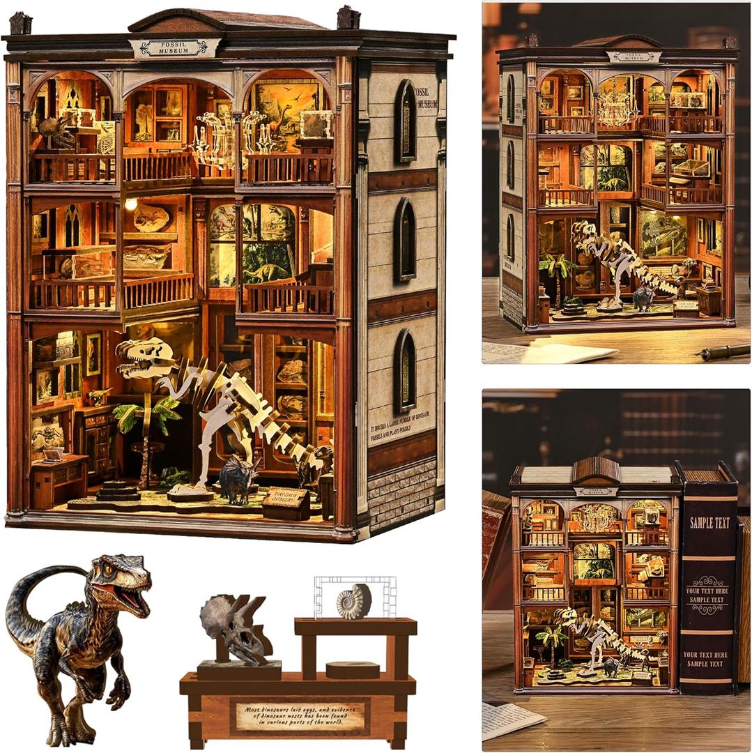 ISSEVE Book Nook Kits for Adults, DIY Booknook Kit Miniature Dollhouse Book Nooks, 3D Wooden Puzzle Model Building Creative Bookshelf Home Decoration Adult Crafts Kits Gift (Dinosaur Fossil Museum)