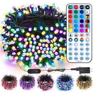 BrizLabs RGB + Warm White Christmas Lights, 98.5FT 300 LED Color Changing String Lights with Remote, Dimmable Twinkle Mini Fairy Light for Indoor Outdoor St Patrick's Day Xmas Halloween Tree Decor (RGBW - Green Wire (Adaptor))