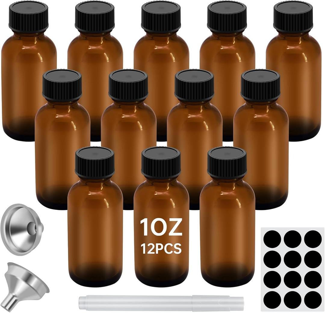 12Pcs 1oz Amber Glass Bottles - 30ML Small Glass Jars with Black Lids Empty Boston Bottle,Dispensing Bottles for Homemade Vanilla Extract, Essential Oils, Herbal Medicine (12)
