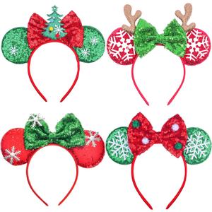Christmas Headband Mouse Ears Bow Headbands,Sequin Snowflakes Christmas Tree Elk Headbands Hair Accessories for Christmas Cosplay Party Favors(4 PCS)