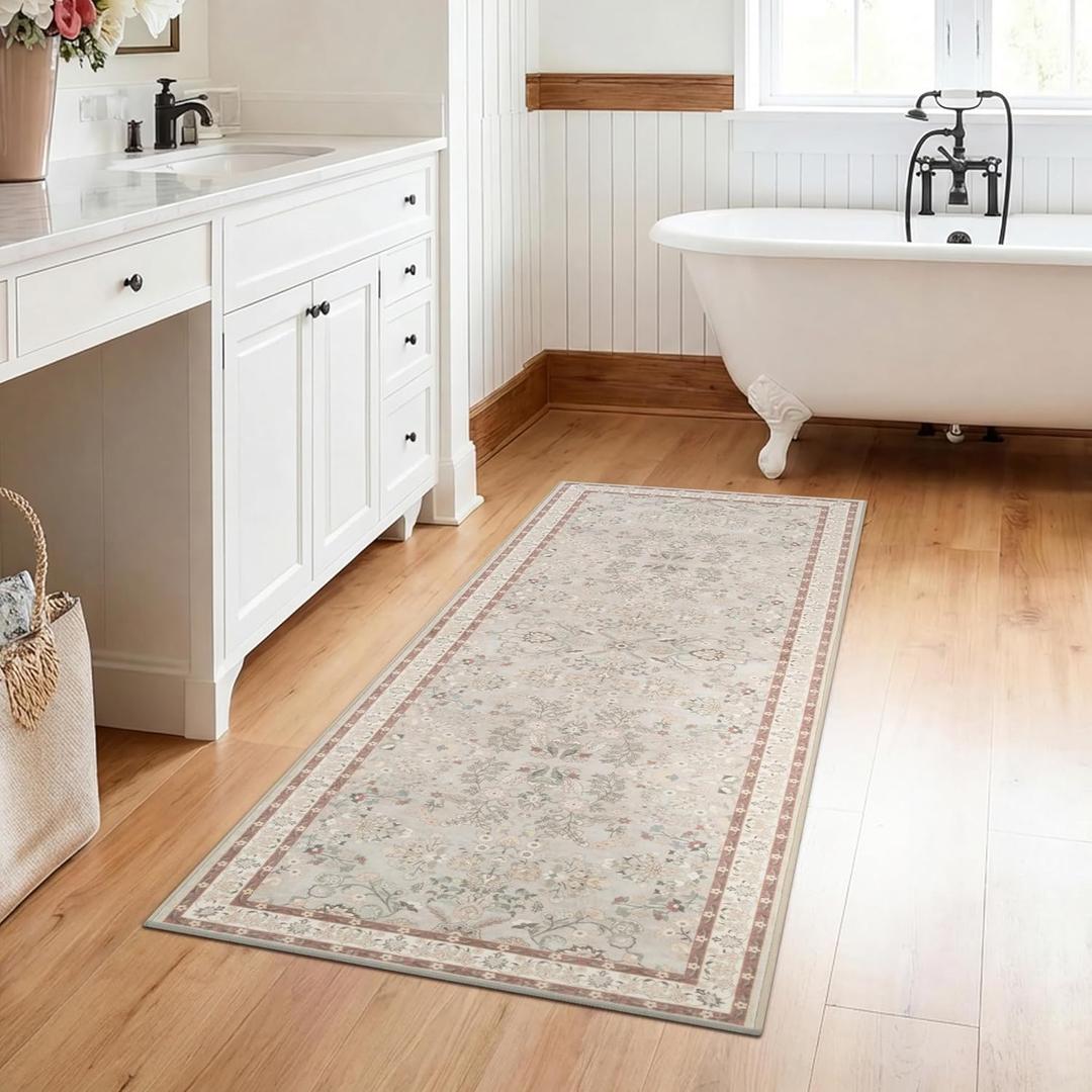 GRANNY SAYS Boho Bathroom Runner 47"x 18" Non-Slip,Quick Dry & Washable Vintage Bath Rug,Distressed Farmhouse Plush Velvet Bath Mat for Sink Shower and Bathtub, Flower Beige