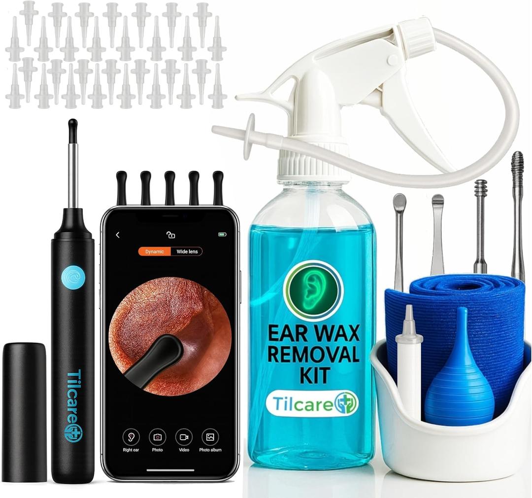 Ear Wax Removal Tool with Ear Camera by Tilcare - Ear Irrigation Flushing System for Adults & Kids - Perfect Ear Cleaning Kit - includes Basin, Syringe, Curette Kit, Towel and 30 Disposable Tips