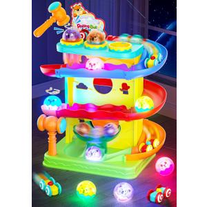 Funwee 2-in-1 Rolling Ball & Racing Car Ramp Toy for Toddlers, Race Track Hammer Lights Ball Drop, Interactive Montessori Learning Game for Kids 1-5+ Year Old Girl Boy Gift(Yellow)