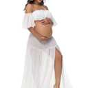 Maternity 2 Piece Outfits Dress Tube Top Ruffle Sleeves Split Skirt for Photoshoot Baby Shower (White)