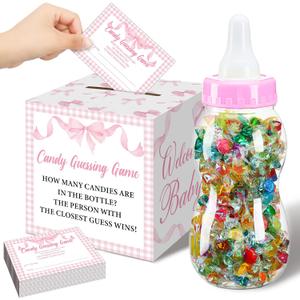 Glenmal 52 Pcs Baby Shower Games Gift Sets Large Baby Bottle for Shower Game Guess How Many Candies Decorations for Gender Reveal (Pink Bow)