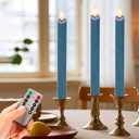 Flameless Taper Candles with Remote, Real Wax Battery Operated LED Candles Set with 3D Flickering Flame, 9.6" Realistic Dripless Candlesticks for Wedding Home Decor, 3 Pack Blue