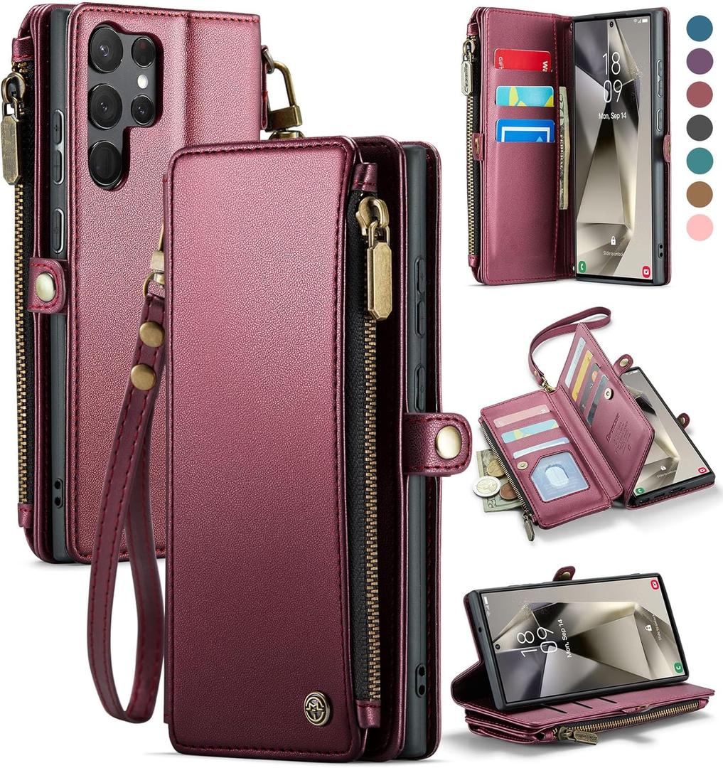 Defencase Compatible with Samsung Galaxy S23 Ultra Case Wallet with RFID Blocking Card Holder for Women, PU Leather Magnetic Snap Flip Zipper Strap Phone Case Fit for Galaxy S23 Ultra 5G, Wine Red