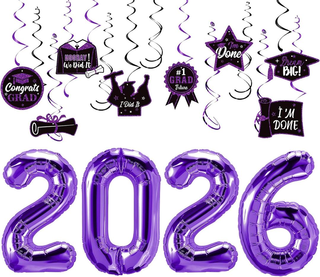 Purple Graduation Party Decorations, Purple 2026 Balloons, Class of 2026, Congrats Grad Hanging Swirl Decorations, Graduation Party Supplies