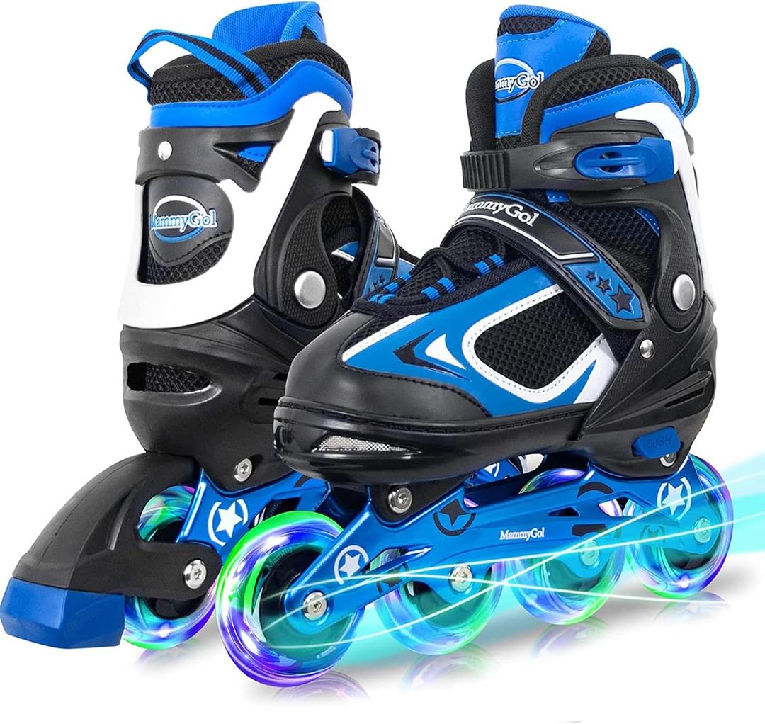 MammyGol Adjustable Inline Skates for Kids Boys Girls Youth Beginner with Light up Wheels (Large - Youth (5-8US), Blue)