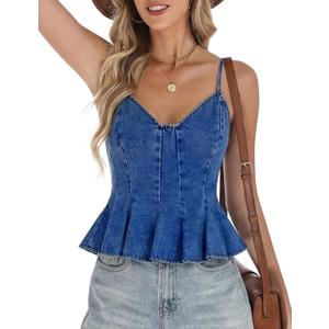 BISUAL Peplum Denim Top V-Neck Crop Denim Halter Top Jean Vest Retro Denim Corset Tank Tops For Women 2026 Summer Trendy Outfit Dark Blue L