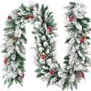 MOTUZP 6ft Snowy Artificial Christmas Cedar Garland, Green Snow Flocked Christmas Garland, Winter Frosted Holiday Pine Garland with Pine for Xmas Tree Stairs Fireplace Mantle Holiday
