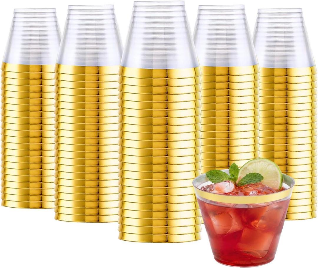 Ciaell 200PCS Gold Plastic Cups - 9Oz Heavy Duty Disposable Clear Plastic Cups with Gold Rim for Wine, Cocktail, Party & Wedding