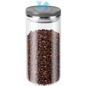 Coffee Canister with Airtight Lid, One-Press Button Borosilicate Glass Coffee Container with PP Silicone Lid, Food Storage Container for Grounds Coffee, 1lb Beans, Flour, Cereal, Sugar