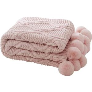 ATMOSURELY Ultra Soft Chenille Cable Knit Throw Blanket with Handmade Pom Poms Cozy Fluffy Knitted Blanket Lightweight Warm Woven Farmhouse Blanket for Bed Sofa Couch 50x60 Inches (Geometry Pink)