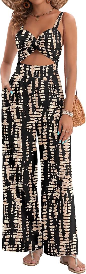 Womens Summer Jumpsuits Dressy Sexy V Neck Twist One Piece Outfits Sleeveless Casual Wide Leg Long Pant Rompers (Medium, Black 2)