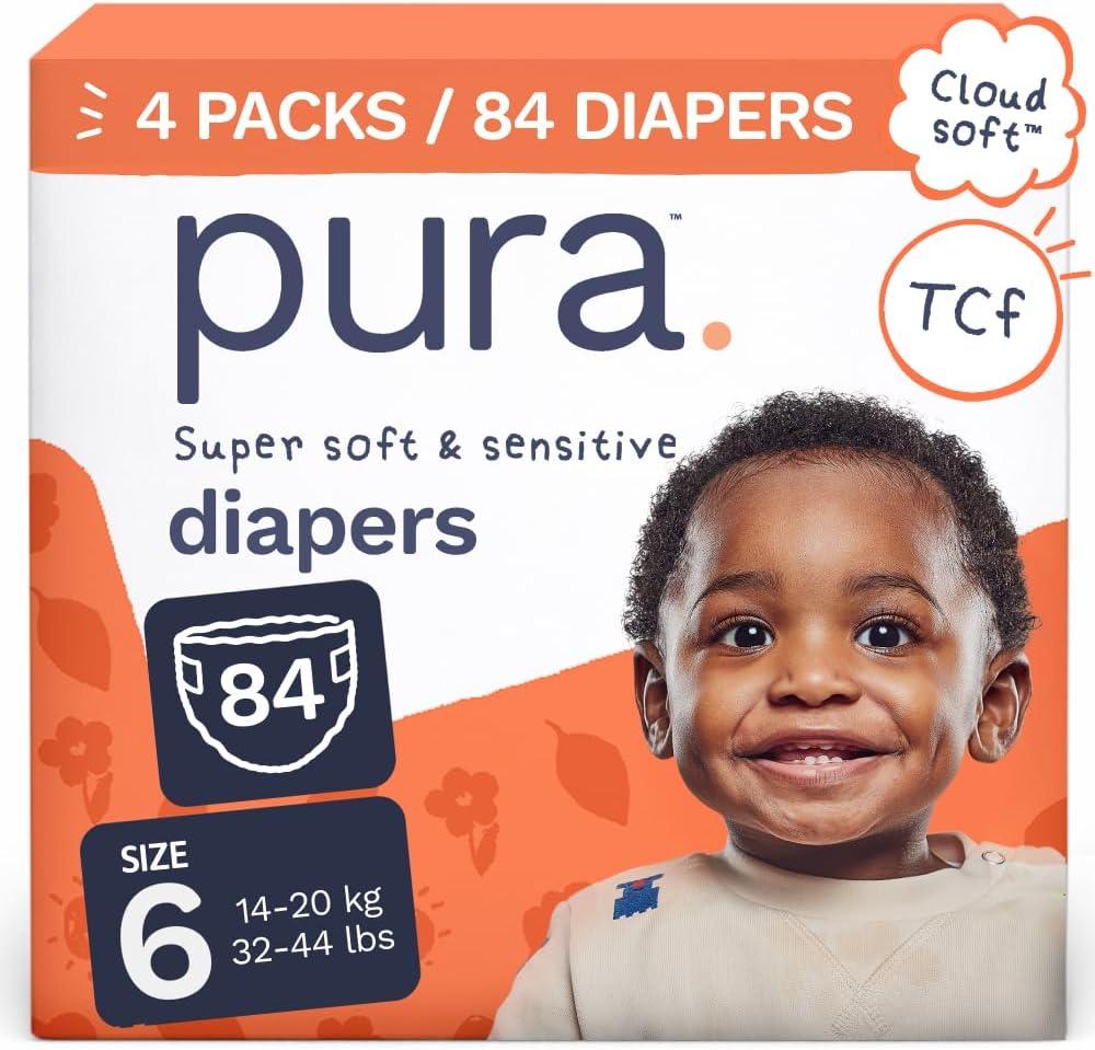 Pura Baby Diapers Size 6 (32-44 lbs) 84 Count Sensitive Skin | 12 Hour Leak Protection, New Blowout Blocker, Cloud Soft, Totally Chlorine Free*, Allergy UK Certified