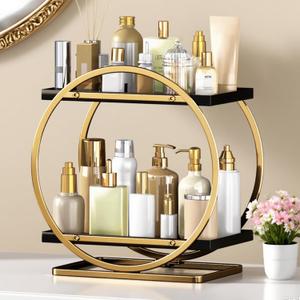 Makeup Organizer for Vanity, Black Gold Perfume Organizer for Dresser, 2-Tier Bathroom Countertop Organizers, Bathroom Counter Shelf Skincare Holder Perfume Tray Cosmetic Display, 11"L x 6"W x 11.4"H