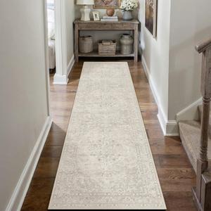 Beige 2x8 Runner Rug Washable Vintage Long Carpet for Hallway Kitchen Soft Retro Floral Low Pile Indoor Runner Non Slip Central Medallion Throw Rug for Bathroom Bedroom Laundry Dining Room