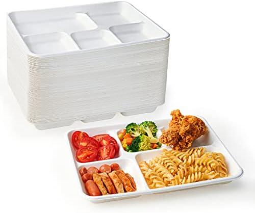 ECOLipak 100% Compostable 5 Compartment Plates, 125 Pack Disposable Paper Plates, Heavy-Duty Biodegradable Sugarcane Plates, Eco-Friendly School Lunch Trays 