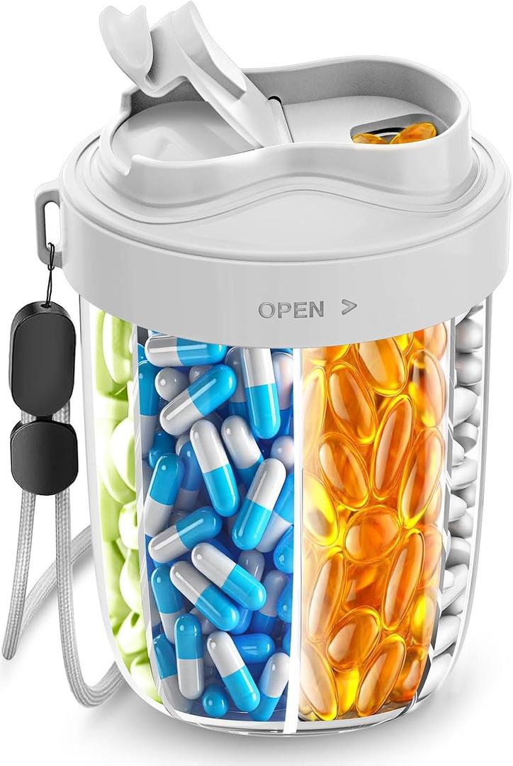 Pill Dispenser with 7 Large Compartments - Portable Pill Organizer for Travel, Anti-Mix Design & Wide Opening Design, Easy Access to Vitamin Dispenser, Includes 20 Blank Stickers(Gray)