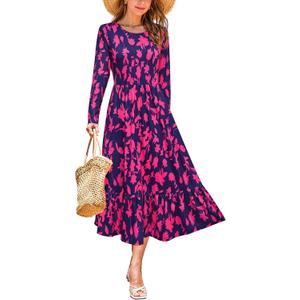 STYLEWORD Women's 2025 Fall Wedding Guest Dresses Long Sleeve Crew Neck Tiered Flowy A Line Casual Midi Dress Pockets  2XL