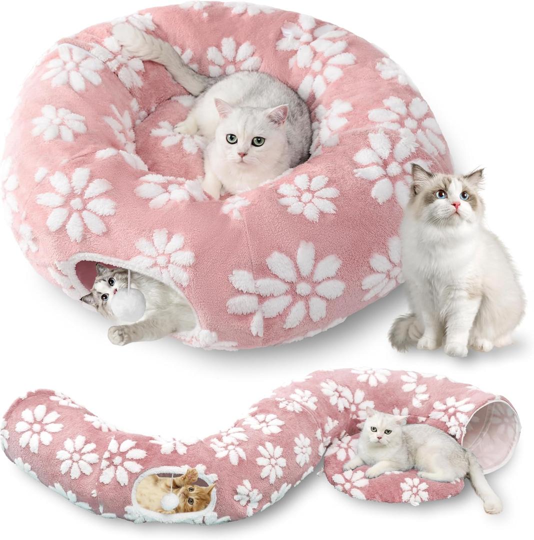 Cat Tunnel for Indoor Cats, Cute Peekaboo Cat Cave with Dangling Balls, Pet Donut Tunnel Bed with Circle Mat for Puppy Kitten Rabbit, Pink (Round)