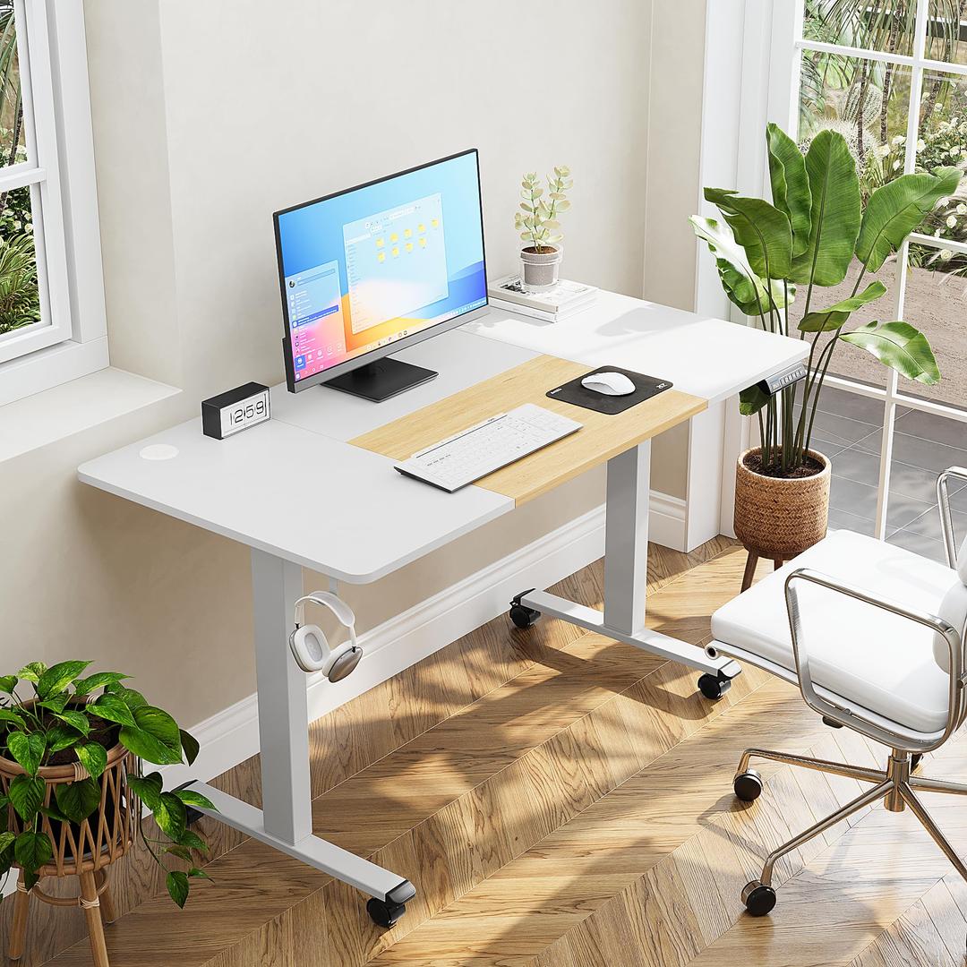 MOUNTUP 55x28 Inches Electric Height Adjustable Standing Desk, Sit Stand Desk with Memory Controller, Ergonomic Stand Up Desk for Home Office with Splice Board, White 