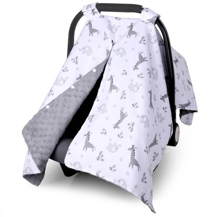 Metplus 2 in 1 Baby Car Seat Cover, Car Seat Canopy for Babies, Mom Nursing Cover, Minky Baby Carrier Covers, Newborn Boy Girl Shower Gift, Elephant Giraffe