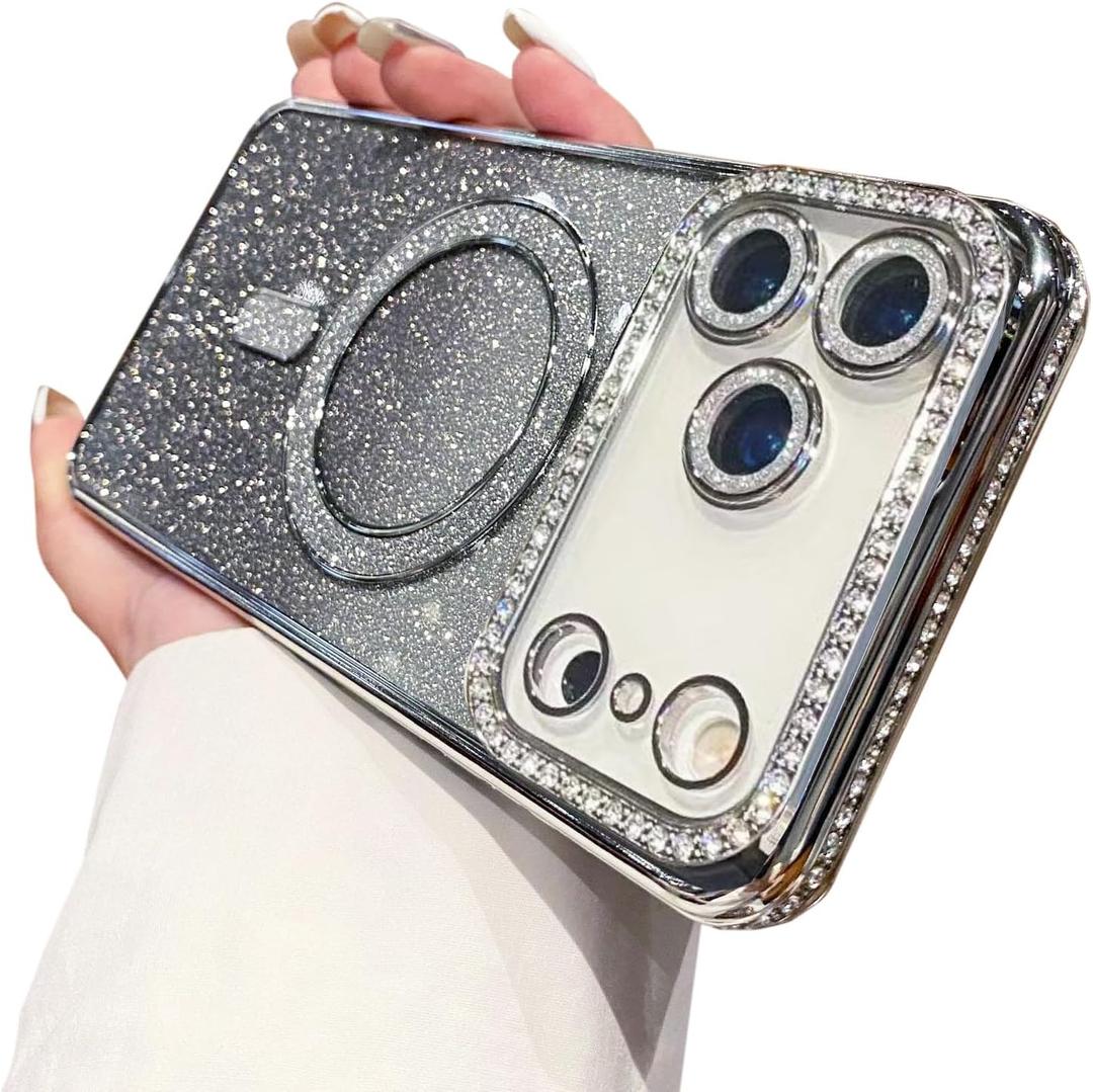 QQicea Bling Glitter Phone Case Compatible with iPhone 17 Pro Max, Wireless Charging Compatible with MagSafe Soft Cover Sparkling Rhinestone Case (Silver)