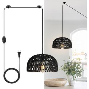 HuisMier Rattan Hanging Lamp Plug in Pendant Light, 15 Ft Hanging lamp with Wicker Woven Basket Lampshade, Dimmable Boho Hanging Lamp for Dining Room Living Room Bedroom, Black