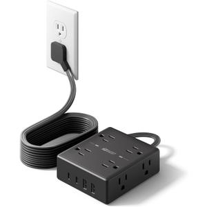 10Ft Extension Cord with Multiple Outlets, Flat Plug Power Strip Surge Protector with 10 Ft Long Cord, 8 Outlet 4 USB Ports (2 USB C), Multi Outlet Wall Plug for Office, College, Dorm Room Essentials