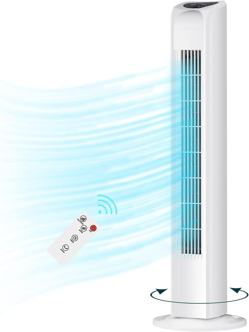 Uthfy Oscillating Tower Fan for Bedroom, Portable Standing Fan with Remote, 3 Modes 3 Speeds, 7.5H Timer, 120° Quiet Cooling for Living room, Office, White