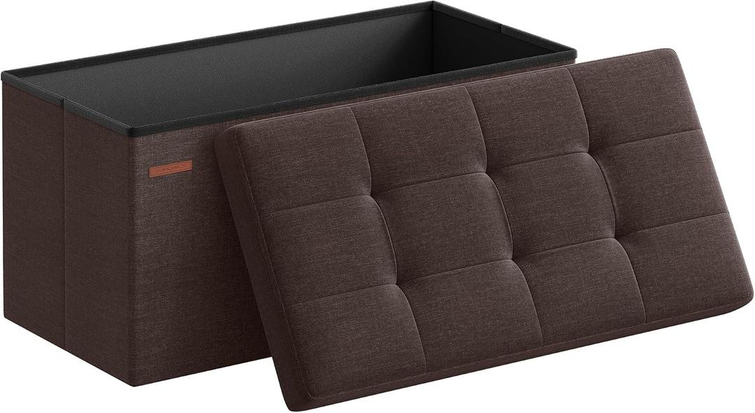 SONGMICS Mazie Collection - 30 Inches Folding Storage Ottoman Bench, Ottoman Foot Rest, End of Bed Bench, Storage Chest, Load 660 lb, for Living Room, Bedroom, Entryway, Brown ULSF047K02, 15"D x 30"W x 15"H