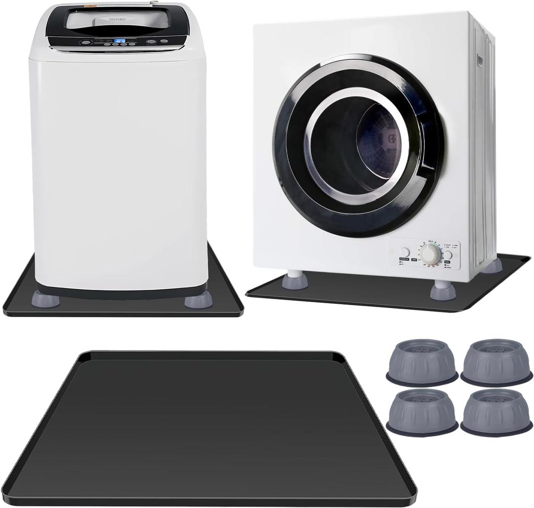 Washing Machine Pan with 4 Anti-Vibration Foot Pads  23.6"x23.6",Non-Slip, Waterproof, Laundry Appliance Floor Protector Set Noise Reduction Leak Prevention -Washer Soft Silicone Bottom Mat