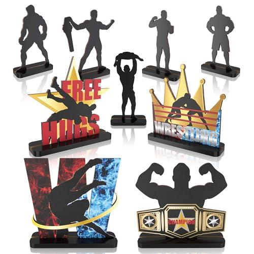 Wrestling Centerpieces Wooden Props Figures for Men Birthday Table Decorations Party Supplies Man 30th 40th 50th Home Bar Kitchen Tabletop Decor 9PCS