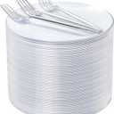 Rubtlamp 100Pcs Plastic Dessert Plates 7.5inch,100Pcs Disposable Silver Forks,White Plastic Plates With Silver Rim, Small Plastic Plates,Dessert Plates With Forks for Appetizer Cake