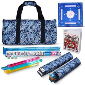 American Mahjong Tile Set with Mat - Premium Quality Melamine Mahjong Set with 166 Scratch-Resistant Tiles, Complete Accessories, and Portable Blue Carrying Case for Timeless Fun
