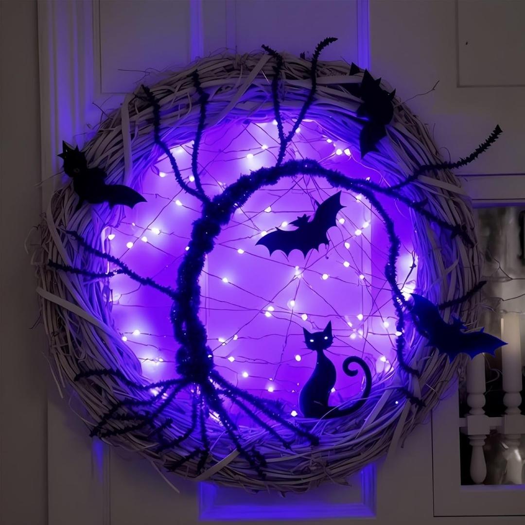 Halloween Wreaths for Front Door, 15 Inch Halloween Lighted Wreath with Bat and Cat Decor, 40 LED Purple Lights Battery Operated, Front Door Porch Wreath Decorations for Holiday Party (Purple)