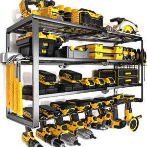 YYR 4 Layer Power Tool Organizer Wall Mount, Cordless Drill Hanger Storage Rack, Battery Tools Holder with Charging Station Shelf for Garage Organization, Workshop, Pegboard, Shed - 32 Inch 8 Slots