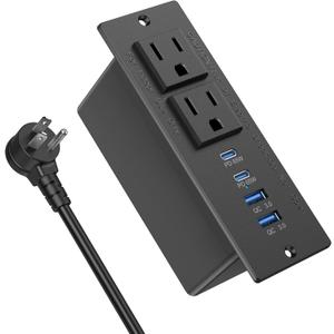 Recessed Power Strip Fast Charging Station 2 PD 65W USB C, Flush Mount Countertop Drawer Outlet, Furniture Hidden Charging Station for Side Table, End Table,2 AC Outlets (Black, 6 FT Cable)