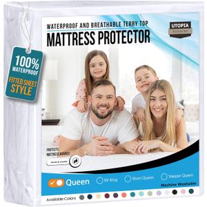 Utopia Bedding Waterproof Mattress Protector Queen Size, Premium 200 GSM Terry Mattress Cover, Soft & Breathable Bed Cover, Fitted Sheet Style with Stretchable Deep Pockets 17" (White)