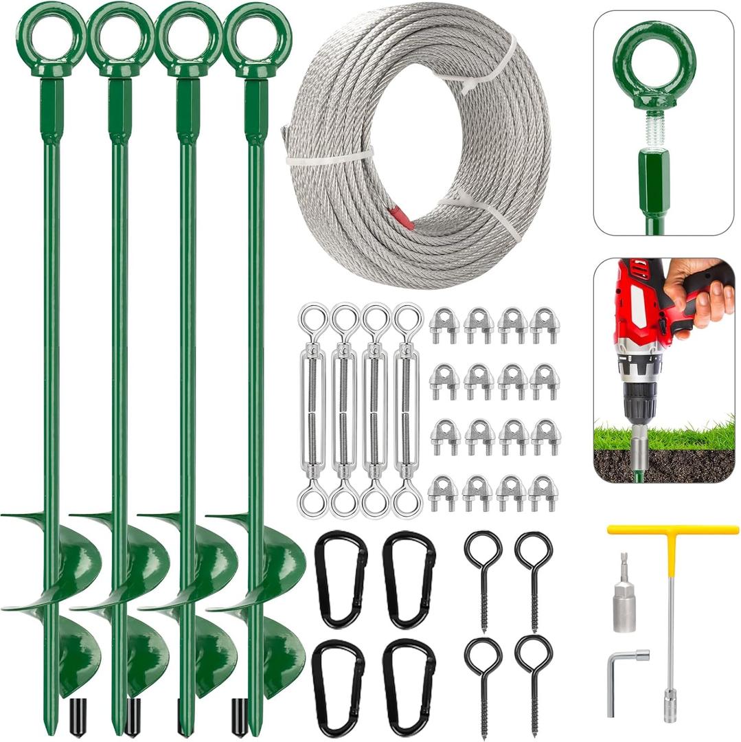 4 Pack 30" Shed Anchor Kit, Triple Helix Ground Earth Anchors with 50 FT 3/16" Galvanized Cable, 4 Turnbuckles & Drill Adapter, Green Auger Anchor for Canopy Gazebo Trampoline Swing Set