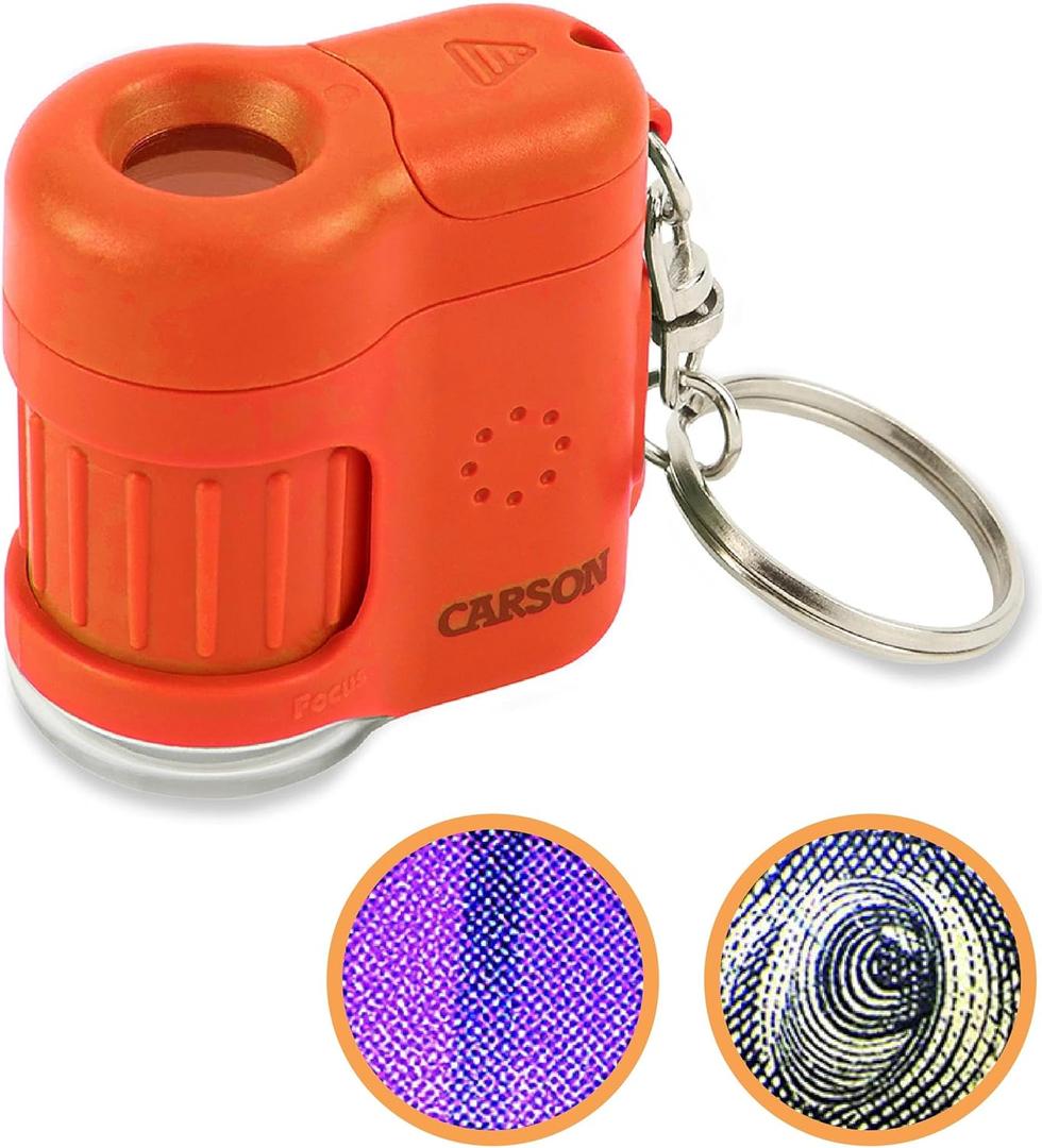 Carson MicroMini 20x Lighted Compact Pocket Microscope, UV and LED Flashlight, Orange (MM-280O)