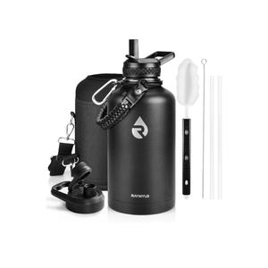 RAYMYLO Insulated Water Bottle 64 oz, Triple Wall Vacuum Stainless Steel (Cold for 48 Hrs), Leak Proof & Non-BPA, Half Gallon Water Flask Jug with Paracord Handle & Straw Spout Lids, Magic Black